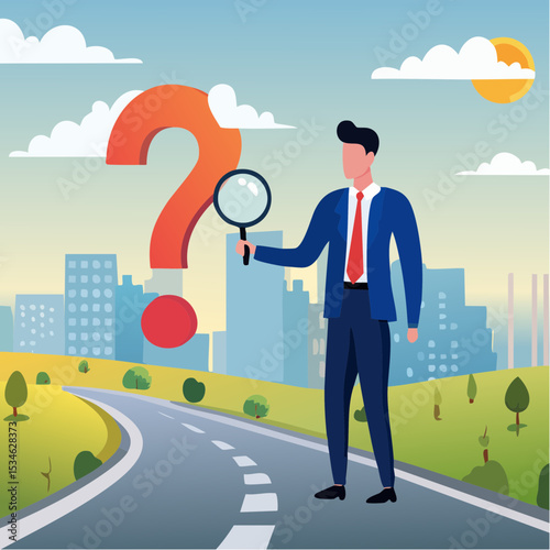 Observation or examination, curiosity to discover secret, search or analyze information, investigate or research concept, curious businessman holding magnifying glass observe data with question mar