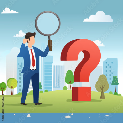 Observation or examination, curiosity to discover secret, search or analyze information, investigate or research concept, curious businessman holding magnifying glass observe data with question mar