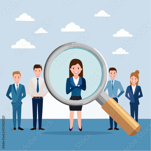 Chosen candidate, winning applicant to get new job, HR or human resources, hire outstanding candidate, employment and recruitment concept, outstanding businessman on magnifying glass among applicant