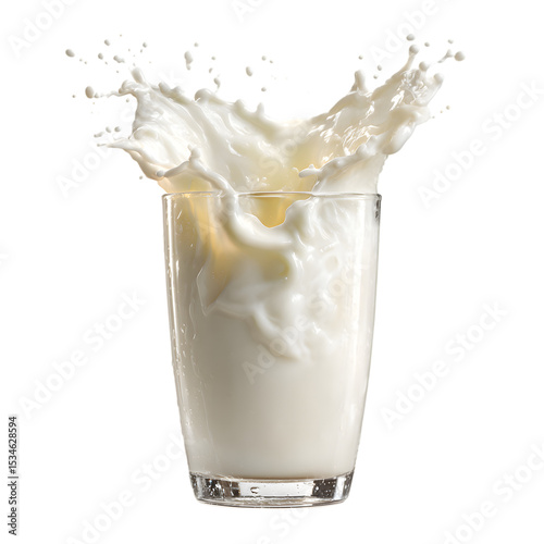 Refreshing splash of milk in a glass isolated on isolated on white transparent background depicting smooth dairy texture and dynamic movement