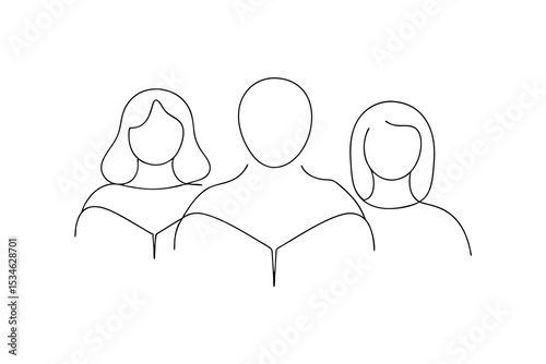 Minimalist line art illustration of three people teamwork collaboration