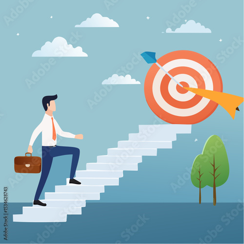 Reach target or progress to reach goal, career step to success, achievement or growth, challenge and motivation to succeed concept, businessman walking up stair with arrow as path to reach goa