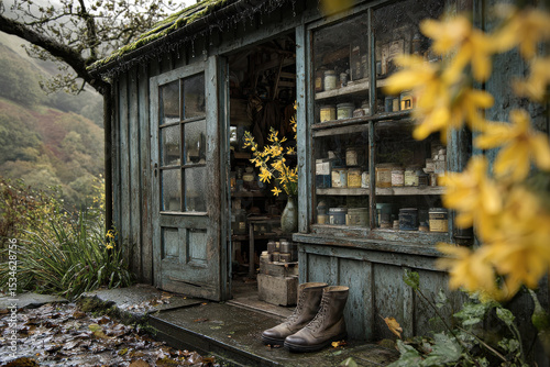Garden shed with paint supplies and boots outside, autumn rain setting with yellow flowers