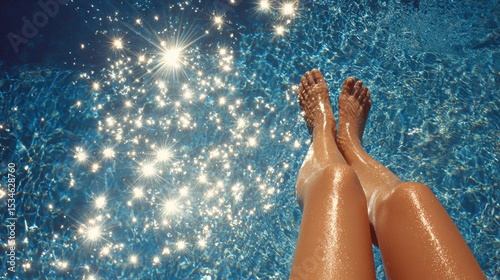 Woman legs in sparkling pool water, high-angle summer relaxation and skin texture detail