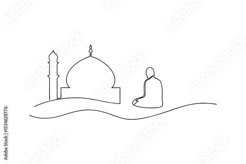 Muslim man praying in front of mosque simple line art