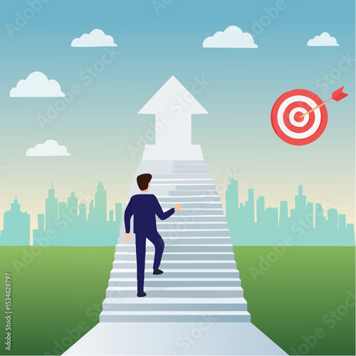 Reach target or progress to reach goal, career step to success, achievement or growth, challenge and motivation to succeed concept, businessman walking up stair with arrow as path to reach goa