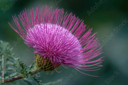 Macro of purple thistle flower with pink petals and green background, sharp botanical photo