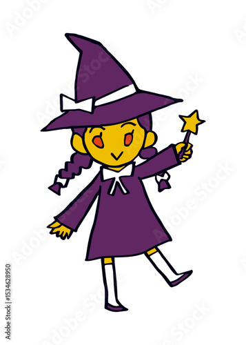 手描きのポップで個性的な魔法使いの女の子