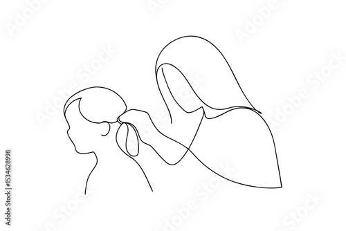 Woman tying little girls hair simple line art minimalist drawing