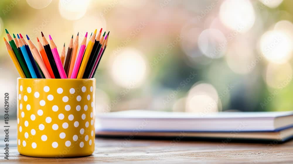 Colorful Pencils in a Cup: A vibrant collection of sharpened pencils, nestled in a stylish polka-dot cup, ready to bring ideas to life, set against a bright and airy background.