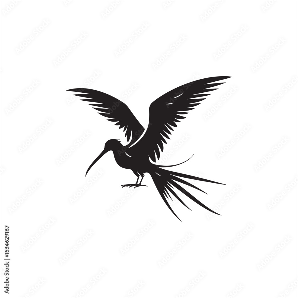 Obraz premium Soaring Frigatebird Silhouette Vector – Majestic Seabird with Inflated Throat Pouch, Long Wingspan, Minimal Black Outline Perfect for Nautical Wildlife Art, Logos, and Decor 