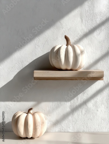 Minimal shelf decor with pumpkin against soft white wall, elegant autumn-themed background