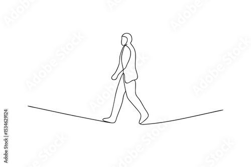 Single line drawing man walking tightrope balance challenge