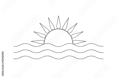 Simple line drawing sun setting over ocean waves