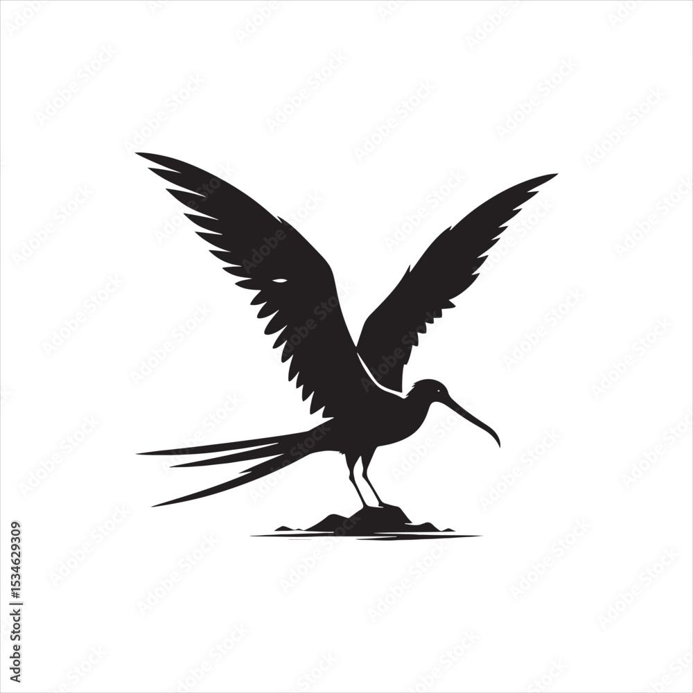 Fototapeta premium Soaring Frigatebird Silhouette Vector – Majestic Seabird with Inflated Throat Pouch, Long Wingspan, Minimal Black Outline Perfect for Nautical Wildlife Art, Logos, and Decor 
