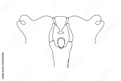Winner celebrating victory holding trophy single line art illustration