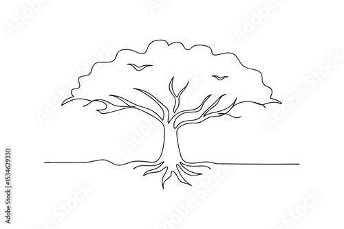 Single line drawing of a majestic tree with birds
