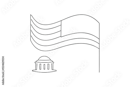 American flag waving over capitol building simple line art illustration