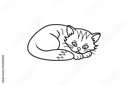 Adorable kitten curled up sleeping cute cartoon line art