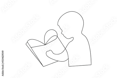 Child reading book single line art illustration minimal design