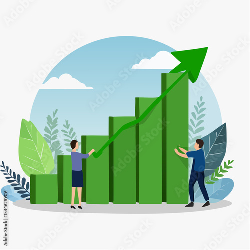 Team growth, teamwork to help improve working and achieve success, work together or cooperate to increase efficiency concept, business people help pushing green graph and chart arrow rising u