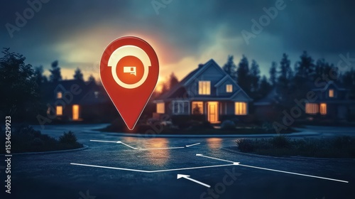 Real estate location concept with GPS pin and house icons, representing property search, map-based home listings, and smart housing navigation.
