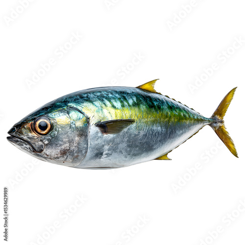 A vibrant yellowtail fish isolated on transparent background showing its scales and fins