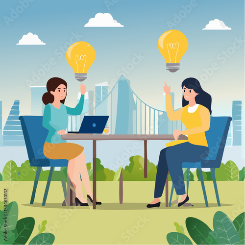 Listen to team feedback to improve work quality, communication skill or client relationship, ask and answer question for idea development concept, cheerful businesswomen share feedback for improveme