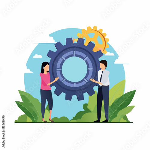 Business integration, partnership to get solution, connection or teamwork, work efficiency, optimization or organization concept, business people team colleagues connecting cogwheel gear togethe