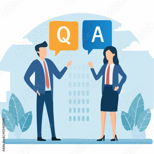 Question and answer, Q&A session, FAQ, frequently asked questions, discussion to get solution to solve problem, brainstorm conversation or quiz concept, businessman and woman ask and answer question
