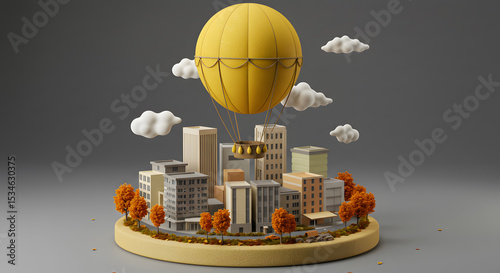 3D Miniature Cityscape with Floating Yellow Hot Air Balloon, Surrounded by Autumn Trees and Whimsical Clouds