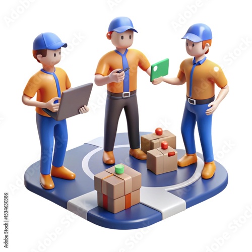 Efficient Teamwork 3D Render of Delivery Team Strategizing Package Delivery
