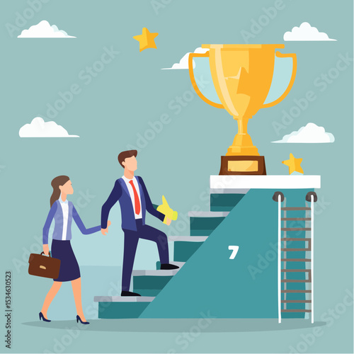Business competition, employee motivation to success, rivalry or conflict, contest or challenge to achieve target, effort concept, businessman and businesswoman walk up stair compete to win troph