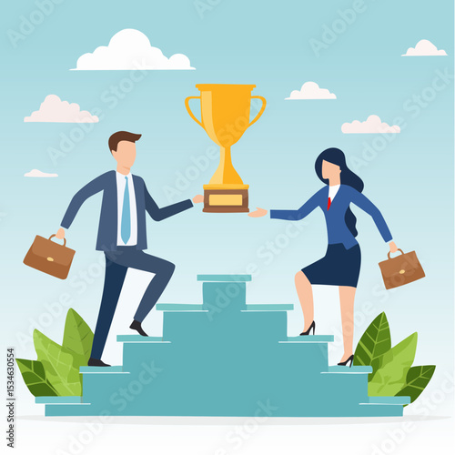 Business competition, employee motivation to success, rivalry or conflict, contest or challenge to achieve target, effort concept, businessman and businesswoman walk up stair compete to win troph