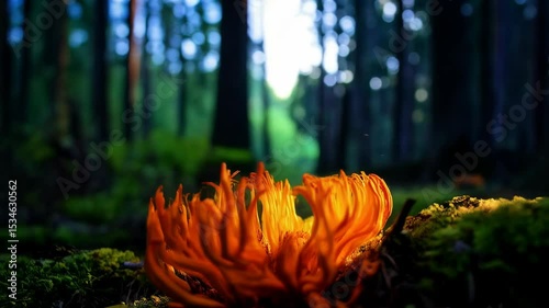 Glowing Cordyceps Fungus in a Dimly Lit Forest Undergrowth with Soft Sunlight Filtering Through the Trees
