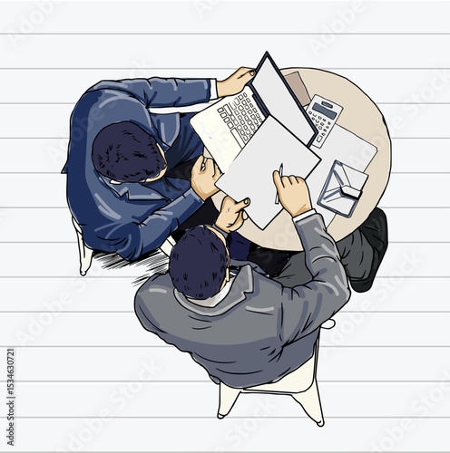 Top view of two corporate professionals in a focused discussion, symbolizing teamwork, collaboration, and strategic decision-making in a business environment.
