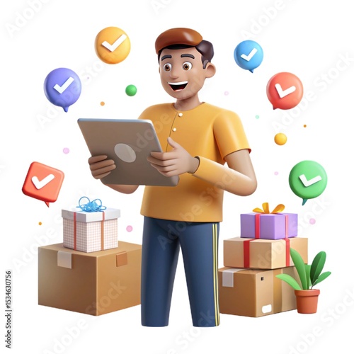 Happy Customer Receiving Online Order 3D Illustration of Satisfaction and Delivery