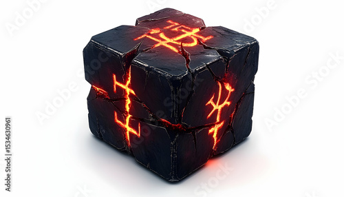 Dark, cracked cube glowing with fiery symbols