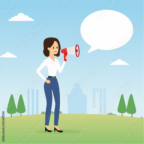 Speak out, voice or message to communicate, dialogue or debate conversation, talk or shout message, advice or announcement concept, businesswoman talk on megaphone with speech bubble voice messag