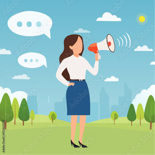 Speak out, voice or message to communicate, dialogue or debate conversation, talk or shout message, advice or announcement concept, businesswoman talk on megaphone with speech bubble voice messag