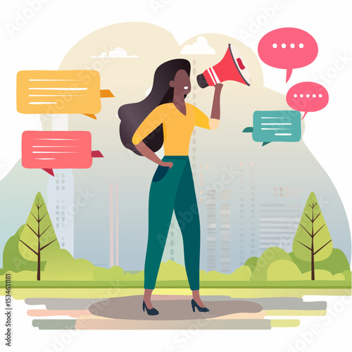 Speak out, voice or message to communicate, dialogue or debate conversation, talk or shout message, advice or announcement concept, businesswoman talk on megaphone with speech bubble voice messag