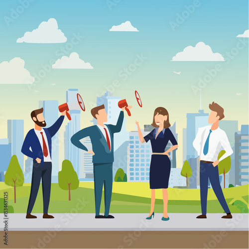 Marketing communication, announce promotion or communicate with employees, community or organization speech, loud voice or announcement concept, business people PR public relation shout on megaphon