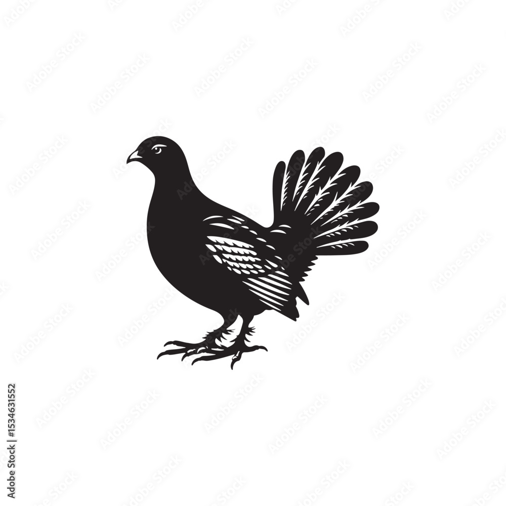 Obraz premium Strutting Grouse Silhouette Vector Art – Bold Forest Game Bird Design with Fanned Tail, Minimalist Black Outline for Rustic Wildlife Themes, Hunting Logos, and Nature Decor 
