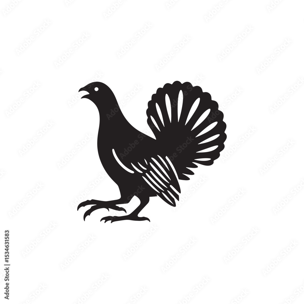 Obraz premium Strutting Grouse Silhouette Vector Art – Bold Forest Game Bird Design with Fanned Tail, Minimalist Black Outline for Rustic Wildlife Themes, Hunting Logos, and Nature Decor 