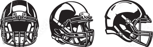 American football helmet vector set with protective headgear designs for sport logos, emblems, merchandise, posters, apparel prints, digital graphics, and promotional banners
