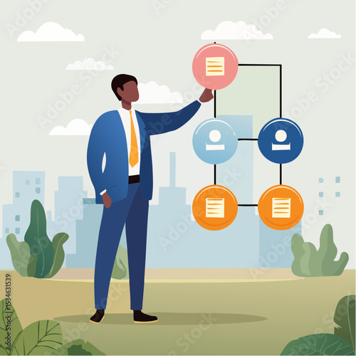 CEO, company leader or executive position, organization chart, hierarchy or team structure, role and responsibility, supervisor, department or division concept, businessman put CEO on org char