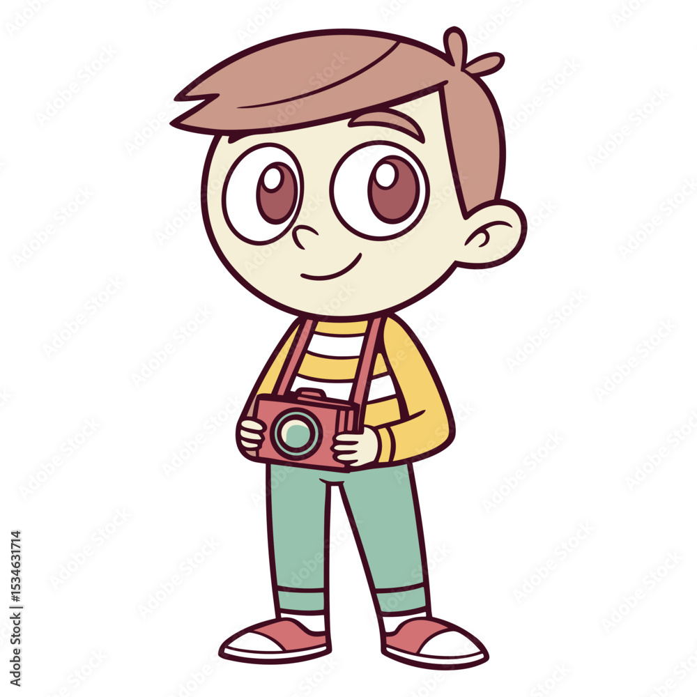 Obraz premium Young boy with camera smiling in casual clothing illustration 