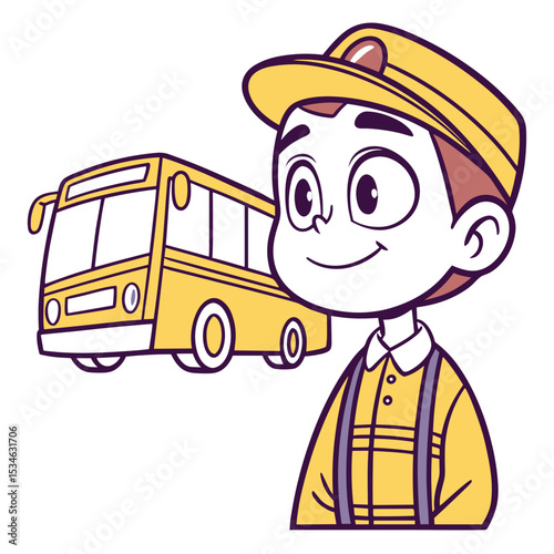 Young bus driver smiling next to a yellow school bus illustration  
