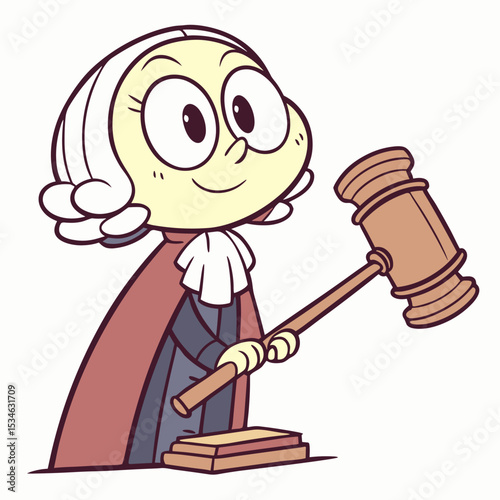 Cartoon judge holding gavel and smiling in courtroom setting  