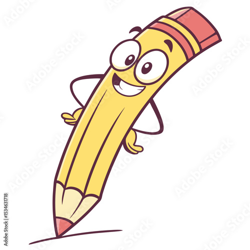 Cartoon pencil character smiling while standing on a white surface  